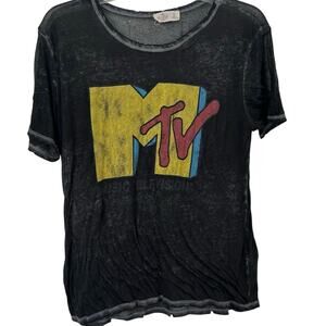 Hollister Women MTV Short Sleeve Graphic Distressed Slub Tshirt Black Size Small